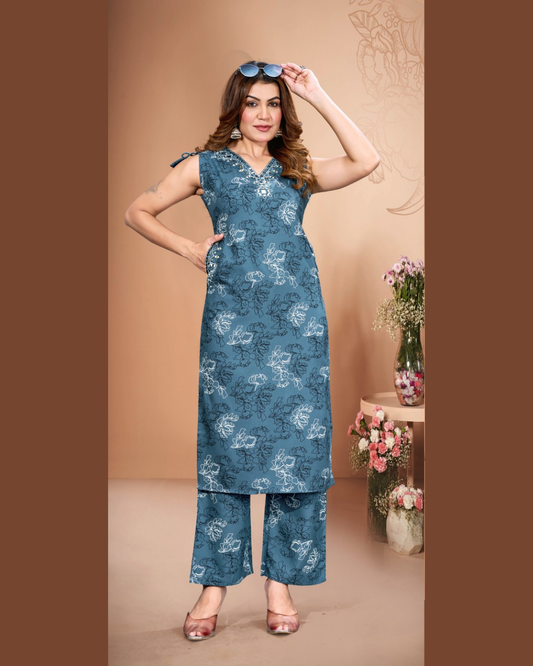 Vaynika Peacock Blue Monochrome Floral Printed Straight  Co-ord Set