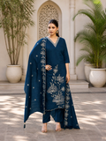 Vaynika Dark Navy Blue Ethnic Floral Embroidered  3piece Suit