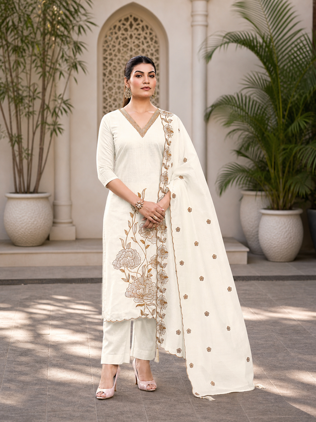 Vaynika Off White Ethnic Floral Embroidered  3piece Suit
