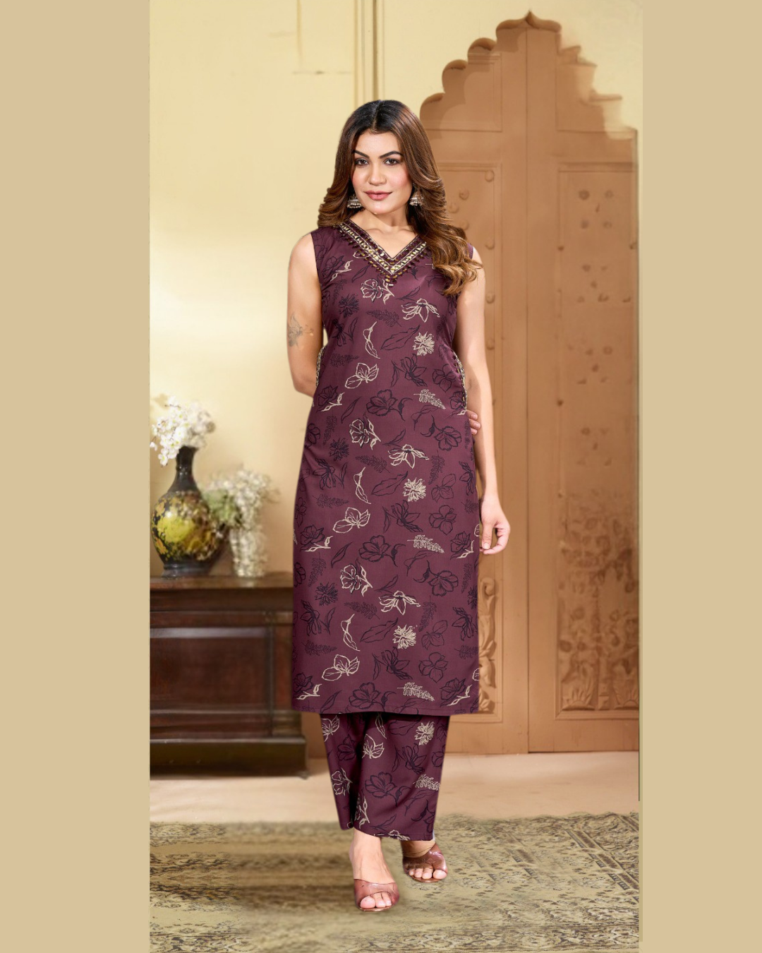 Vaynika Maroon Tropical Leaf Printed Co-ord Set