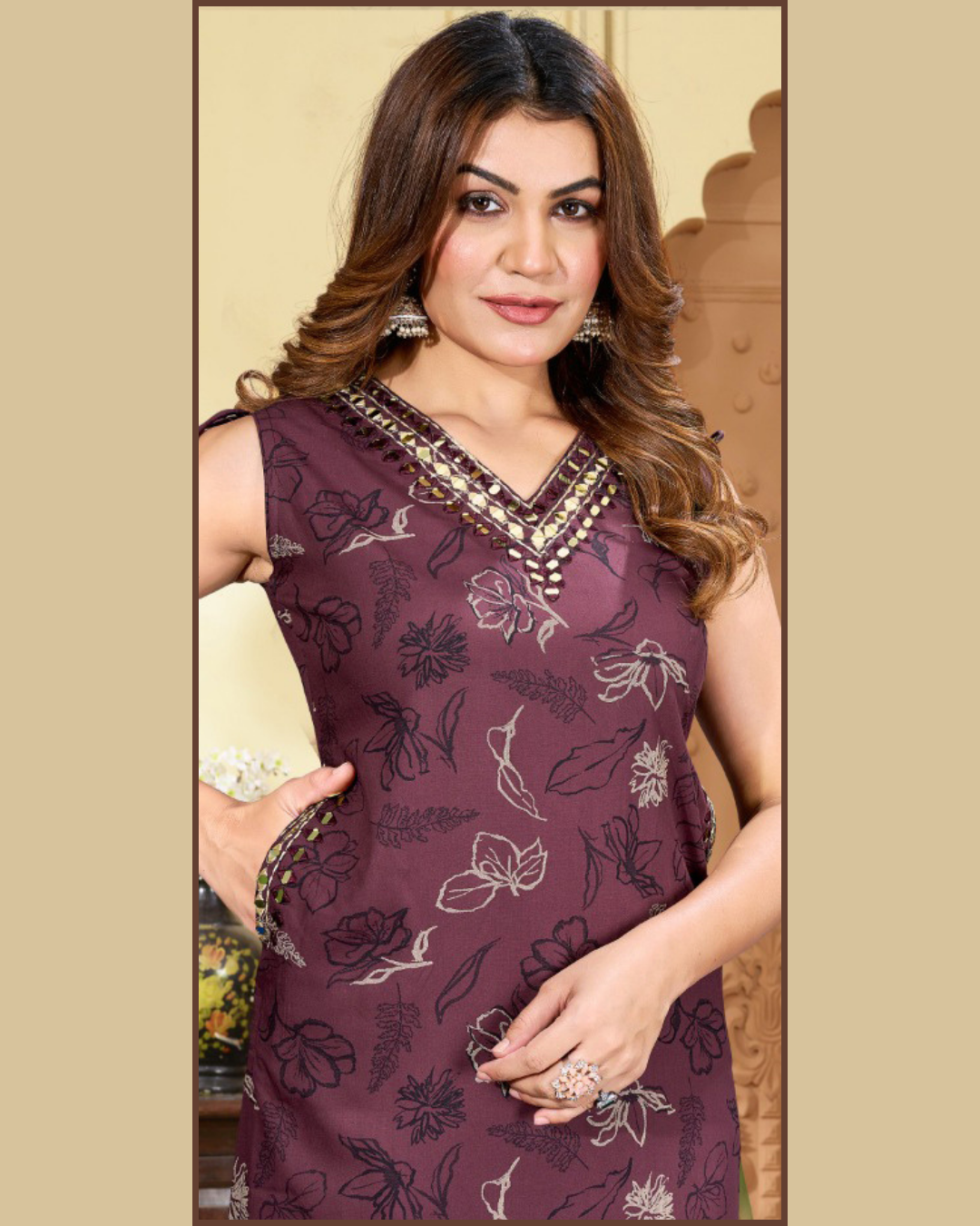 Vaynika Maroon Tropical Leaf Printed Co-ord Set