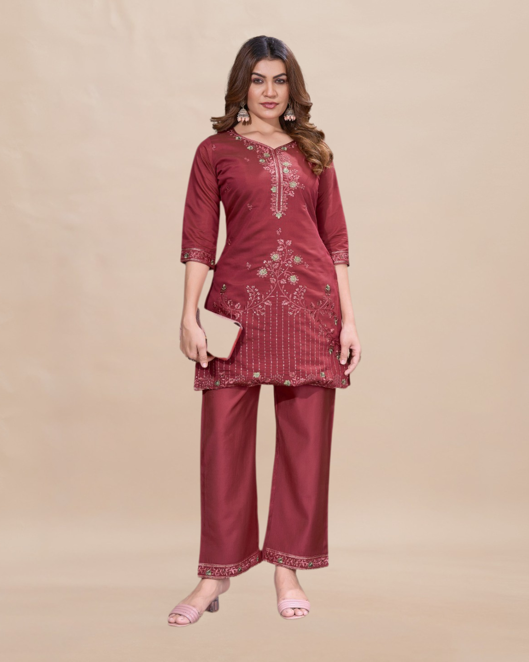 Vaynika Wine Red Floral Embroidery 2PCS Set