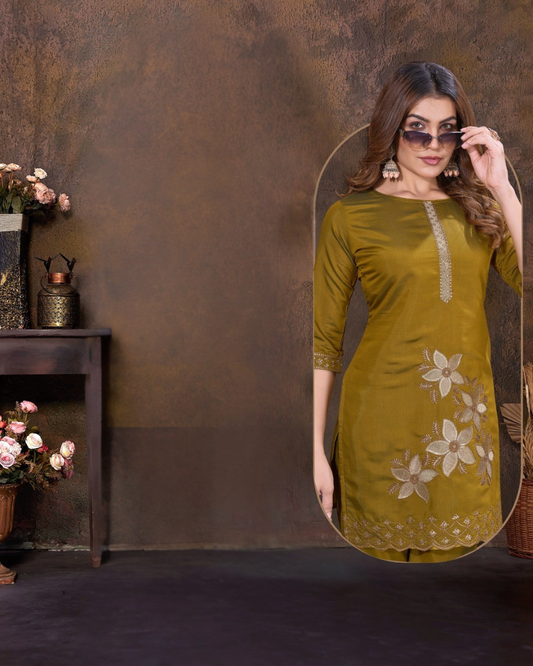 Vaynika Olive Green Petal Designer 2PCS For Women