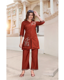 Vaynika Brick Red Minimal Floral Embroidered 2PCS Set