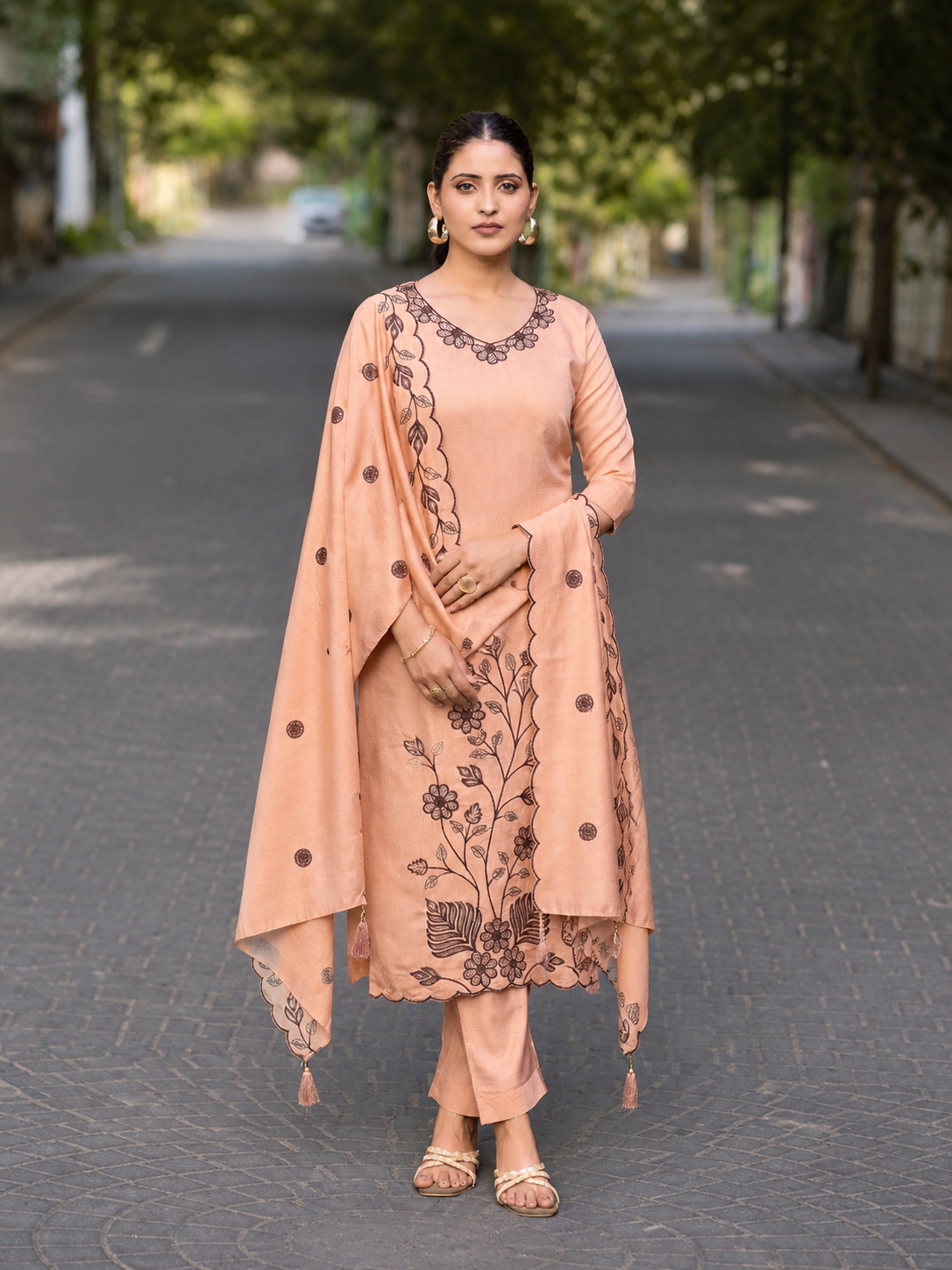 Vaynika Peach Designer Floral 3 piece Set