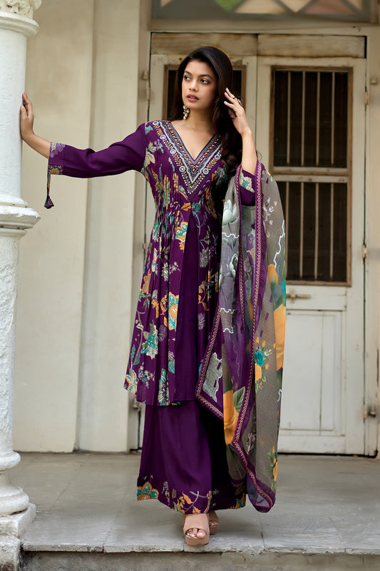 Vaynika Purple Floral Printed 3piece set