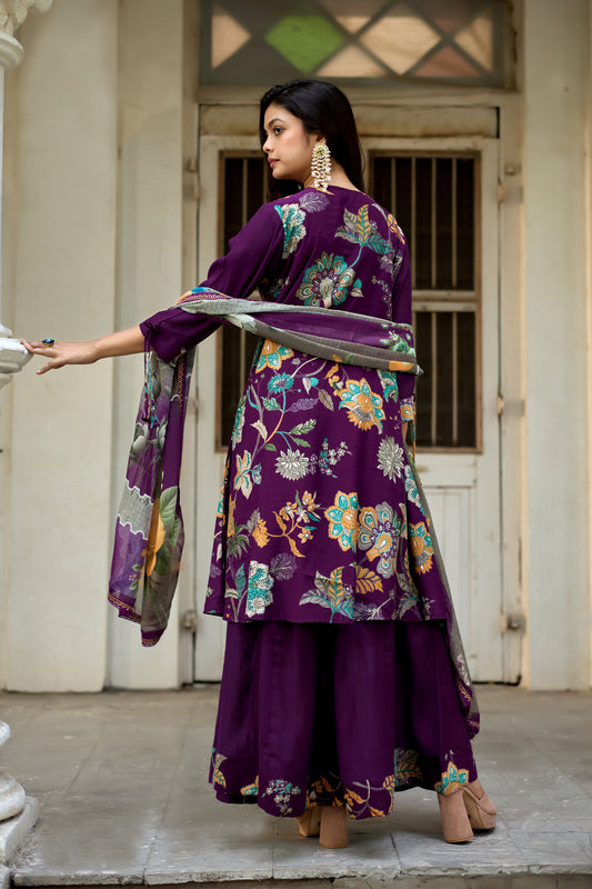 Vaynika Purple Floral Printed 3piece set