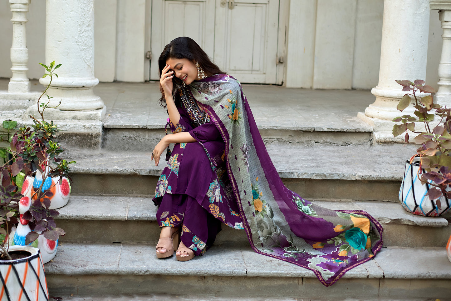 Vaynika Purple Floral Printed 3piece set