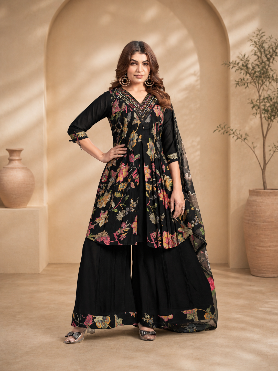 Vaynika Black Floral Printed 3piece set