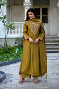 Vaynika Elegant Mustard Olive Green Embroidered 3-piece set for women