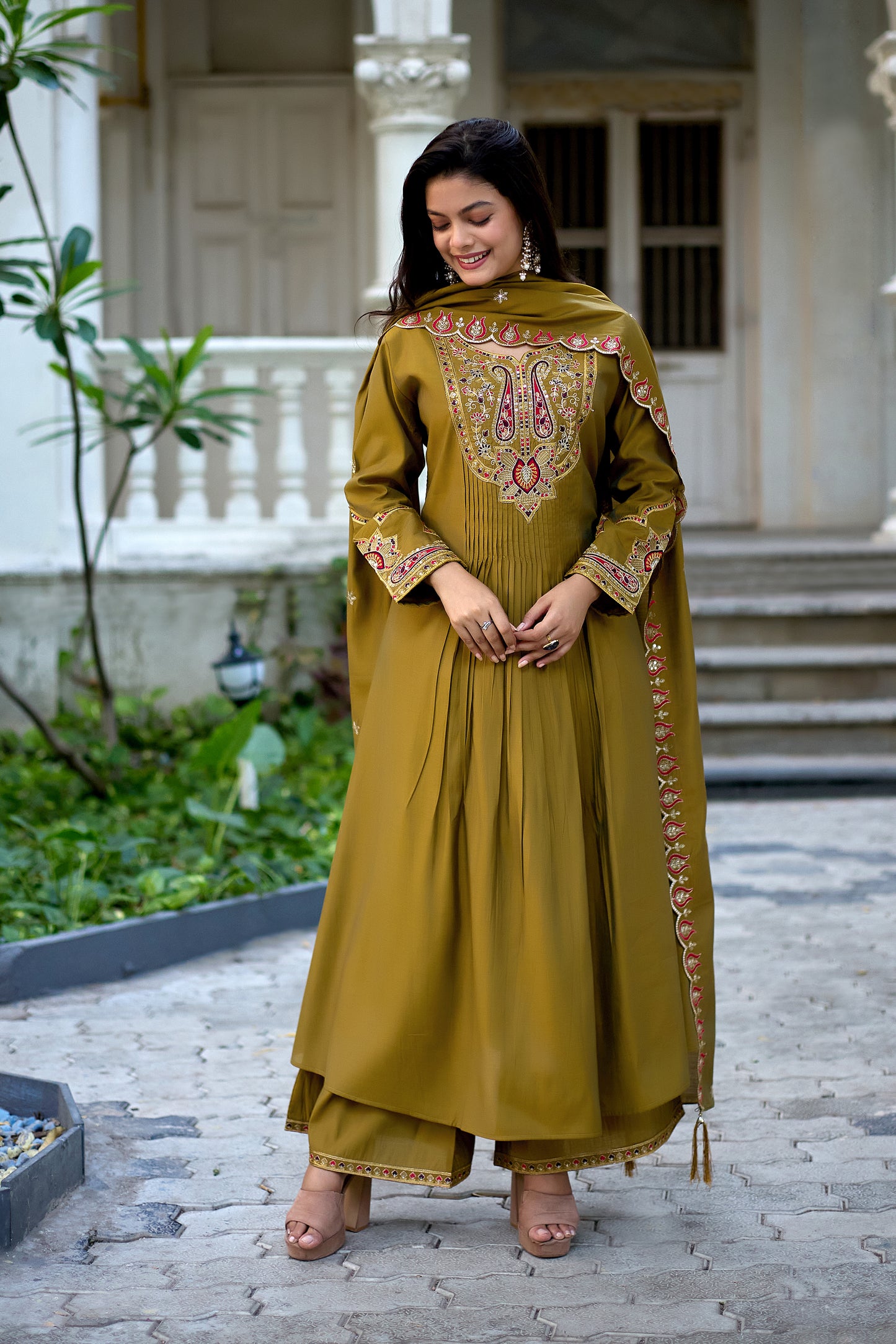 Vaynika Elegant Mustard Olive Green Embroidered 3-piece set for women