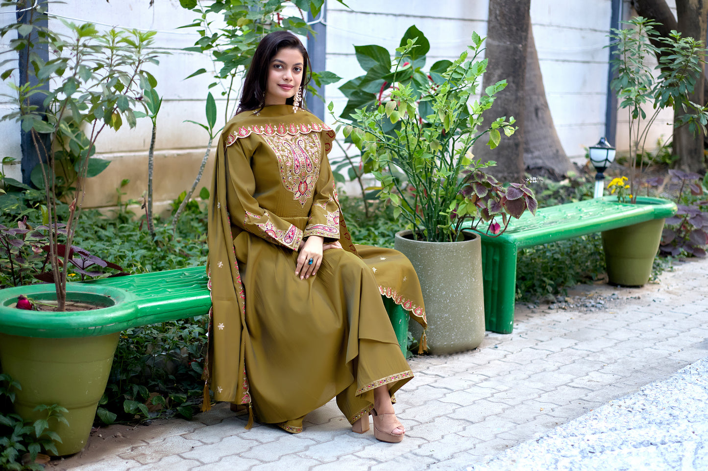 Vaynika Elegant Mustard Olive Green Embroidered 3-piece set for women