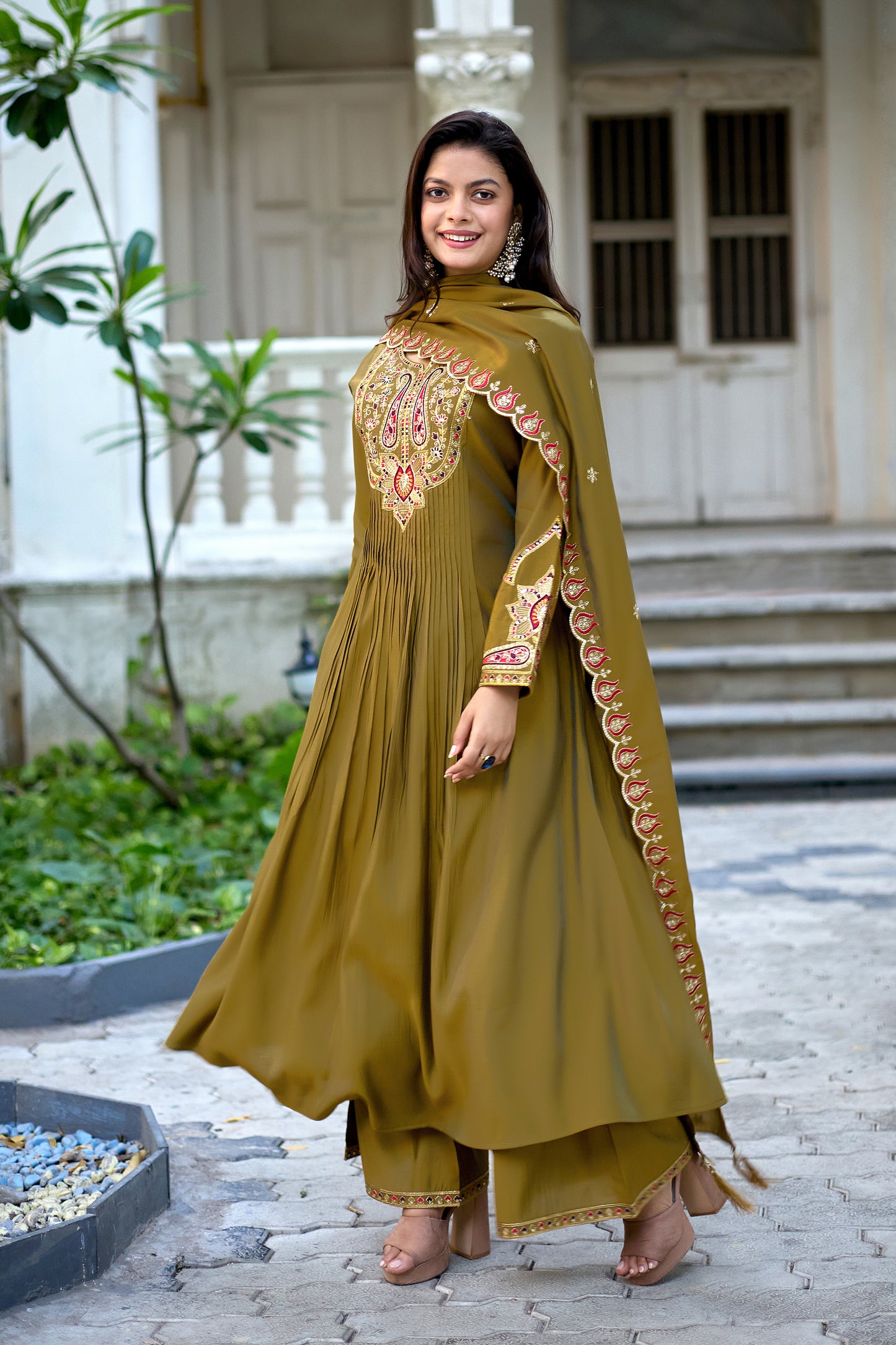 Vaynika Elegant Mustard Olive Green Embroidered 3-piece set for women