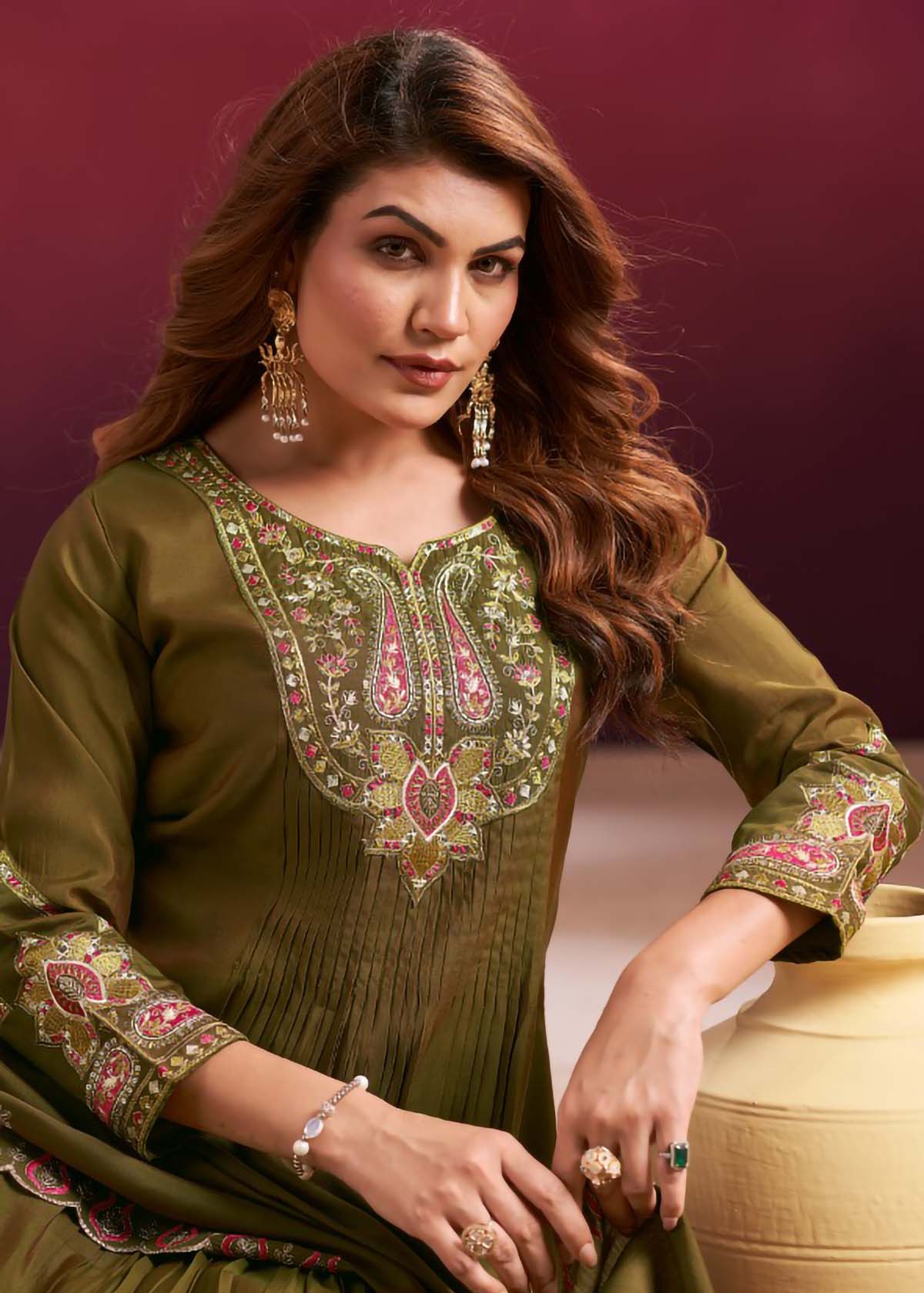 Vaynika Elegant Mehndi Embroidered 3-piece set for women