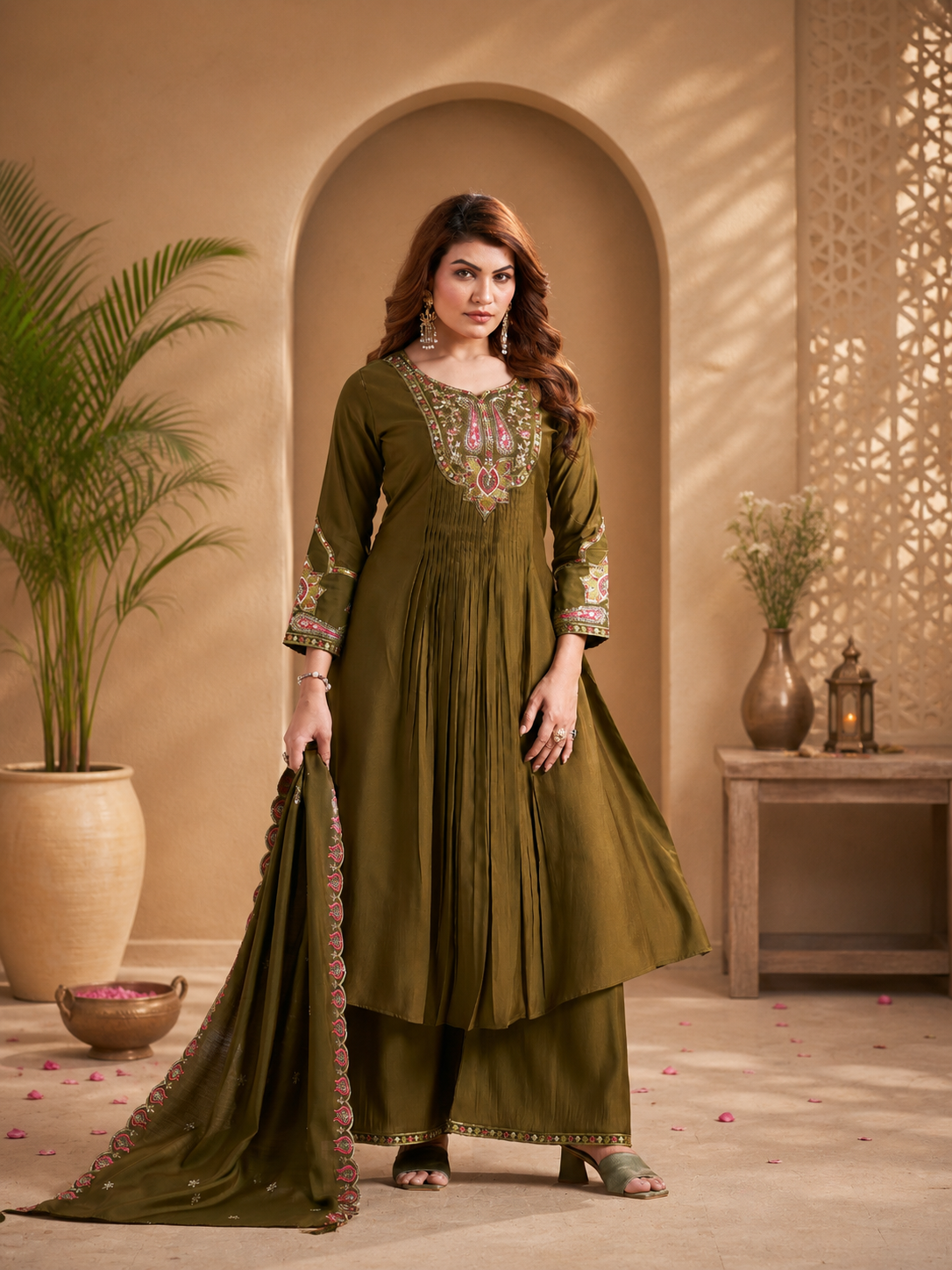 Vaynika Elegant Mehndi Embroidered 3-piece set for women