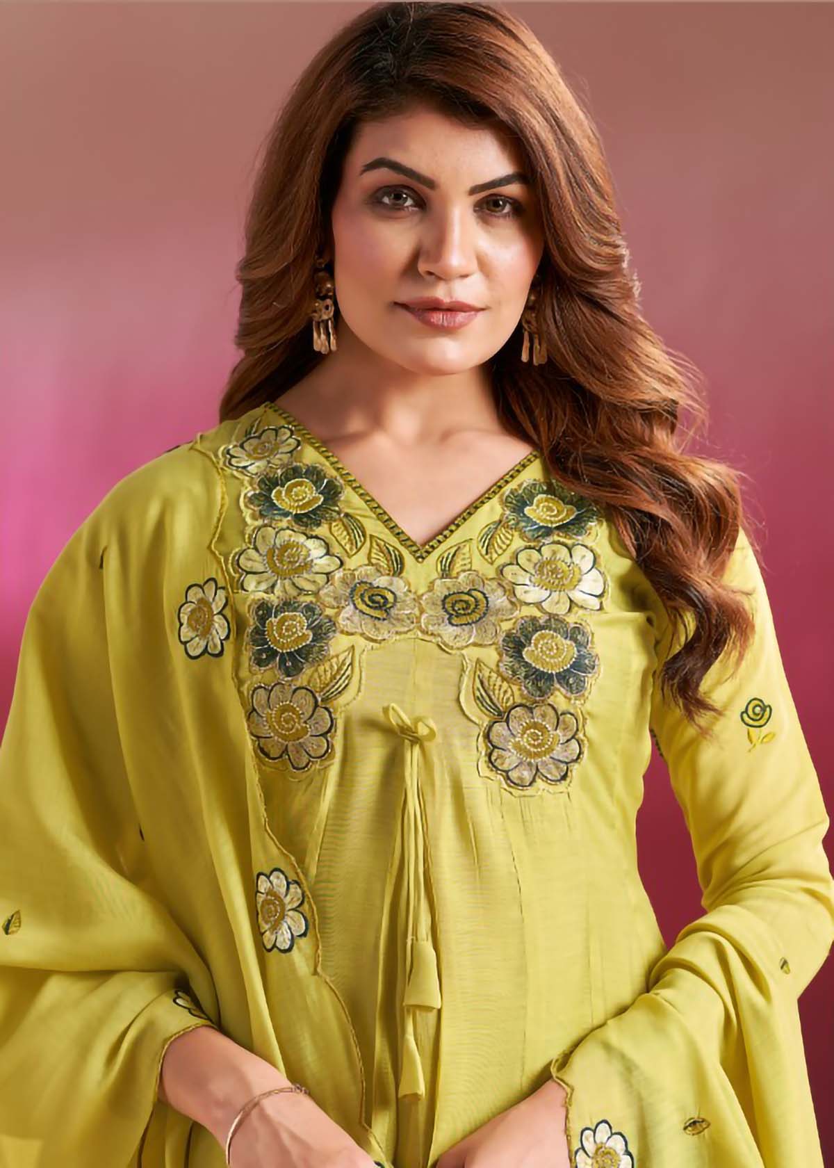Vaynika Lime Yellow Floral Embroidered 3-piece