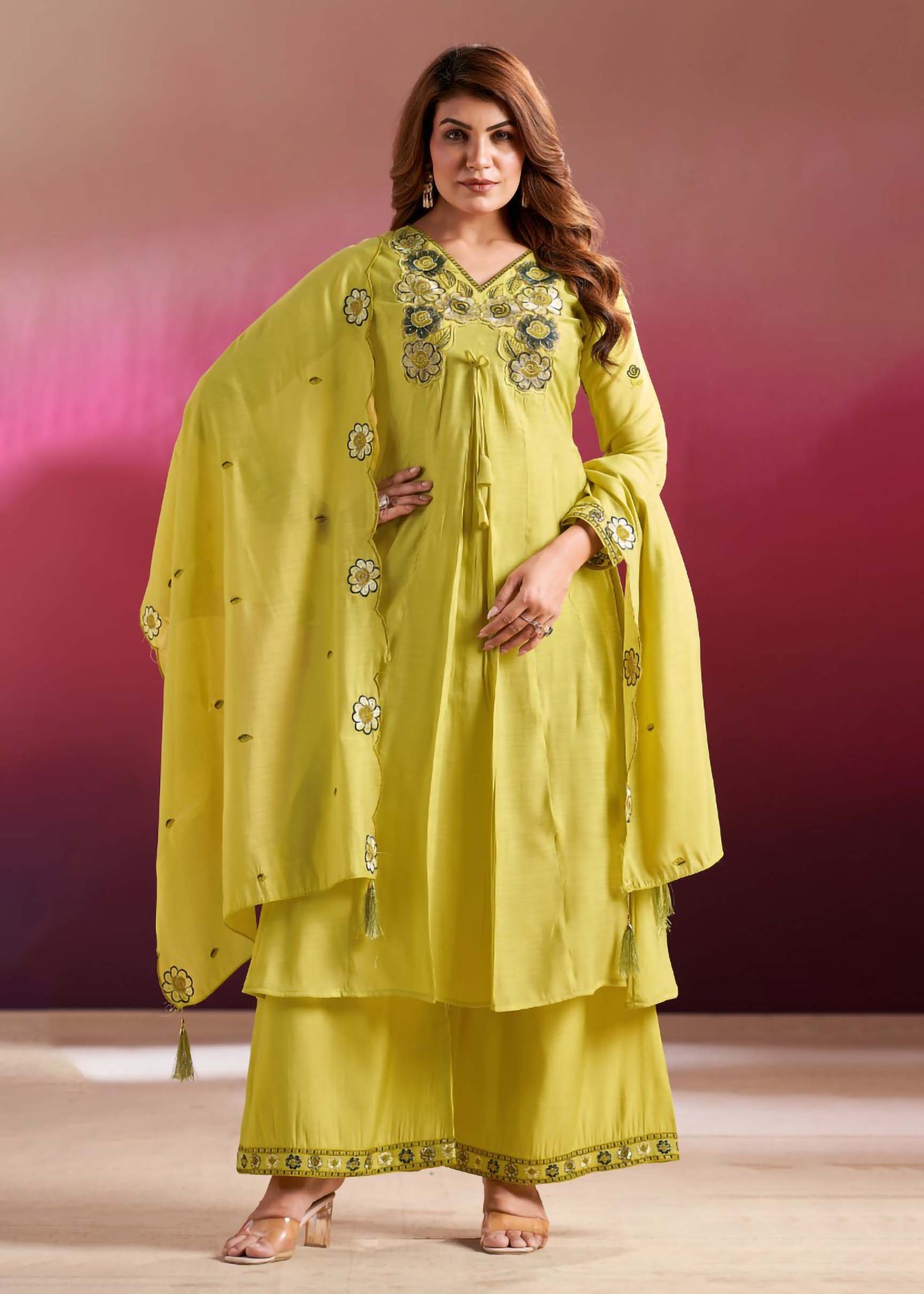 Vaynika Lime Yellow Floral Embroidered 3-piece