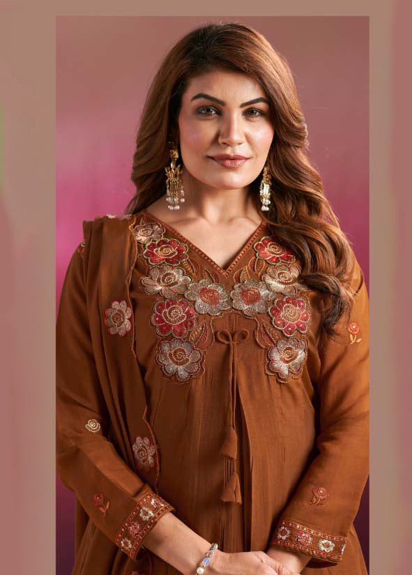 Vaynika Brown Floral Embroidered 3-piece
