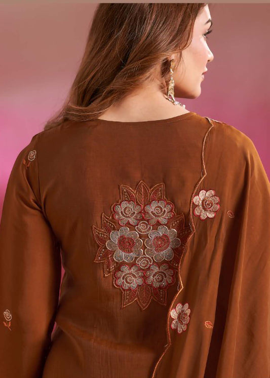 Vaynika Brown Floral Embroidered 3-piece