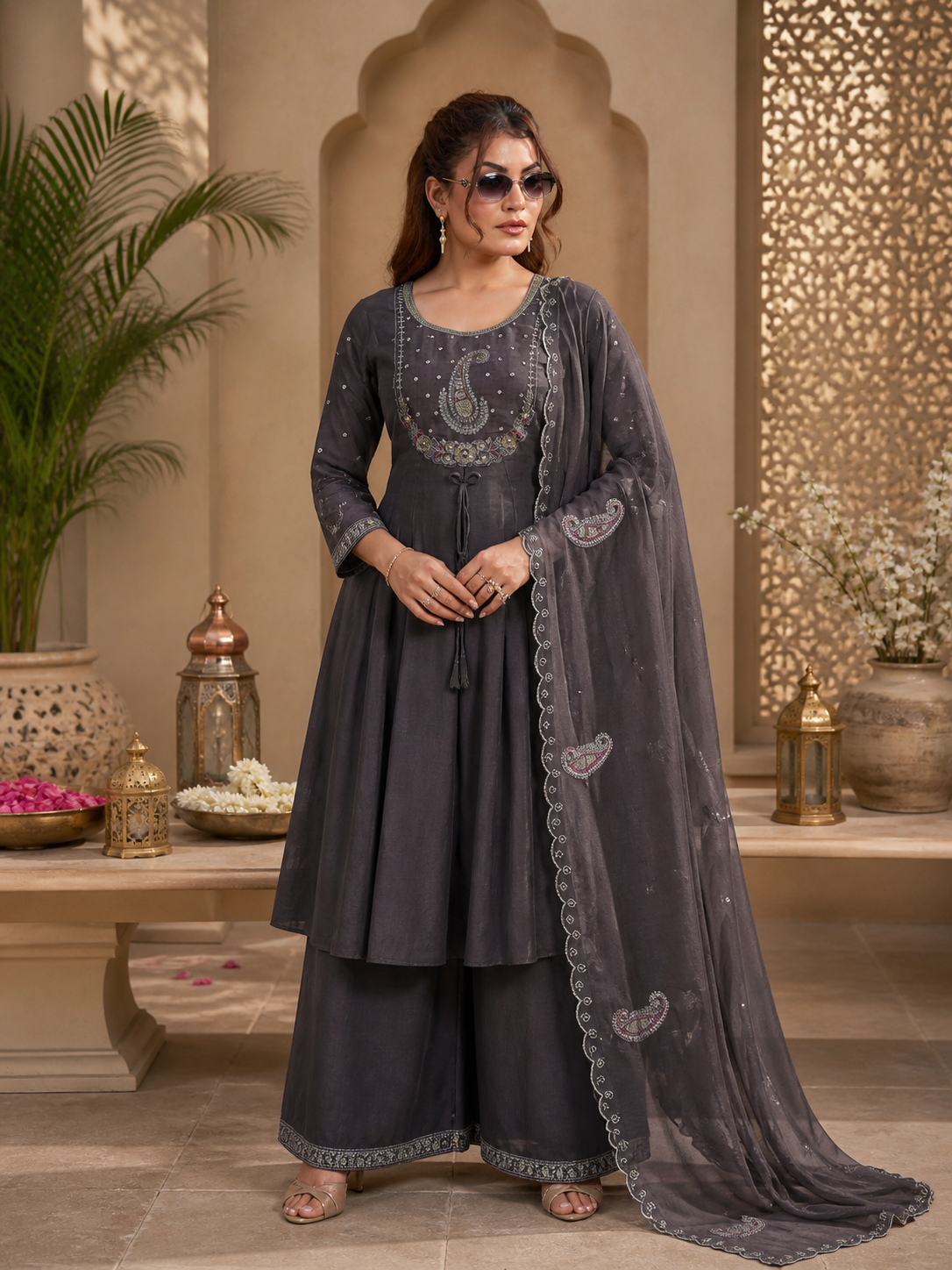 Vaynika Dark Grey Thread Work Embroidered 3-piece for women