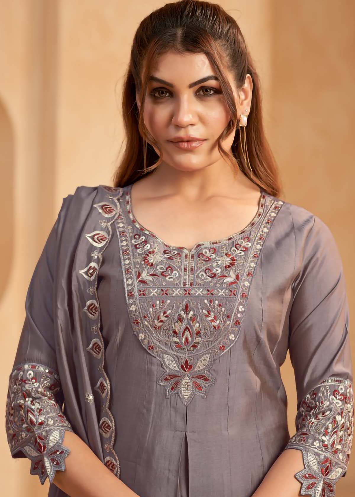 Vaynika Grey Floral Embroidered Designer Suit