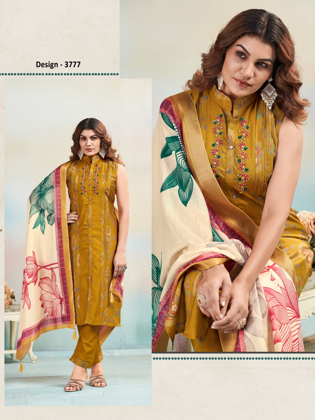Mustard Yellow Floral Embroidered Kurta Pant Dupatta Set for Women