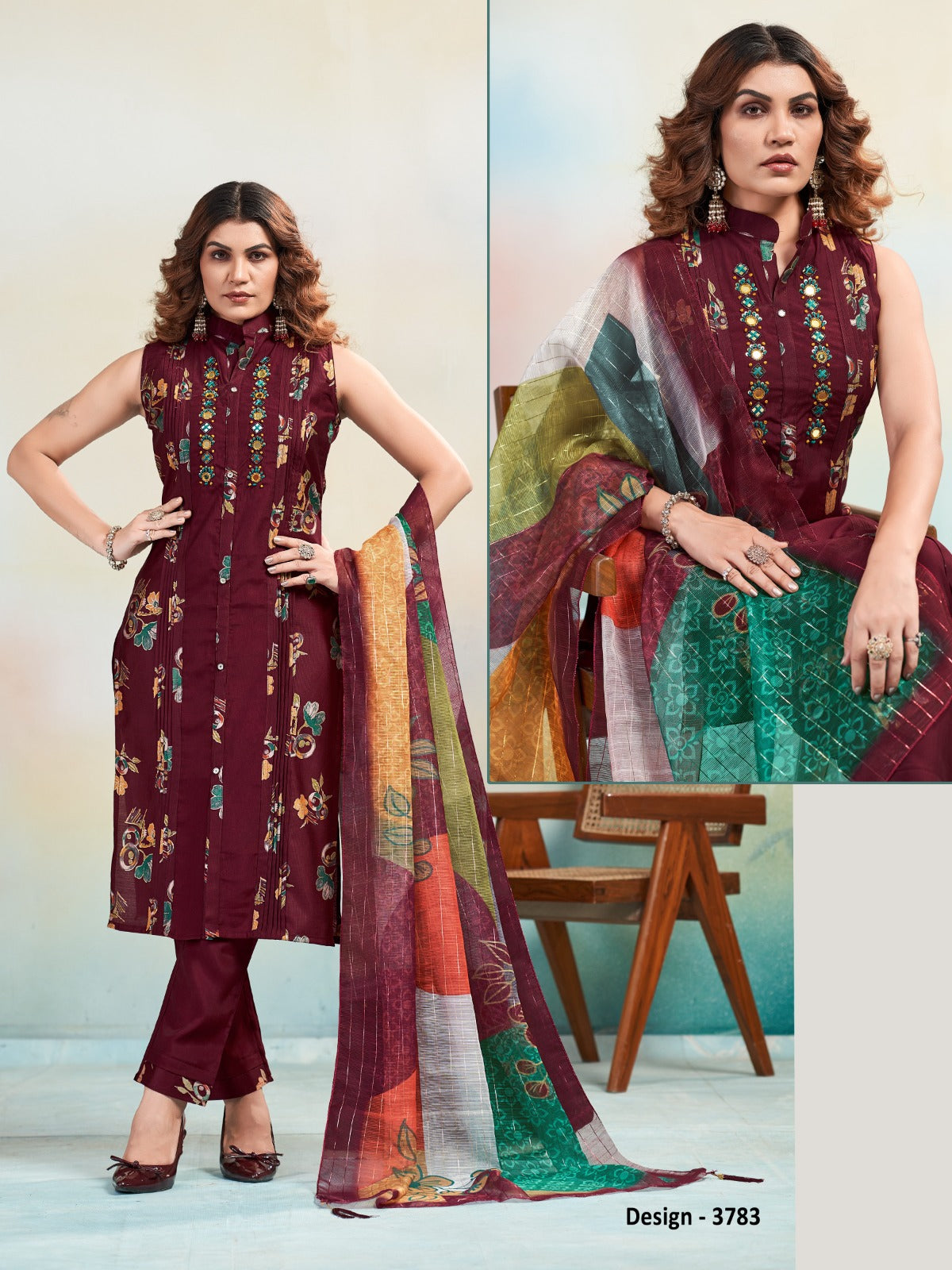 Vaynika Wine Floral Printed Embroidered Kurti Set
