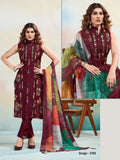 Vaynika Wine Floral Printed Embroidered Kurti Set