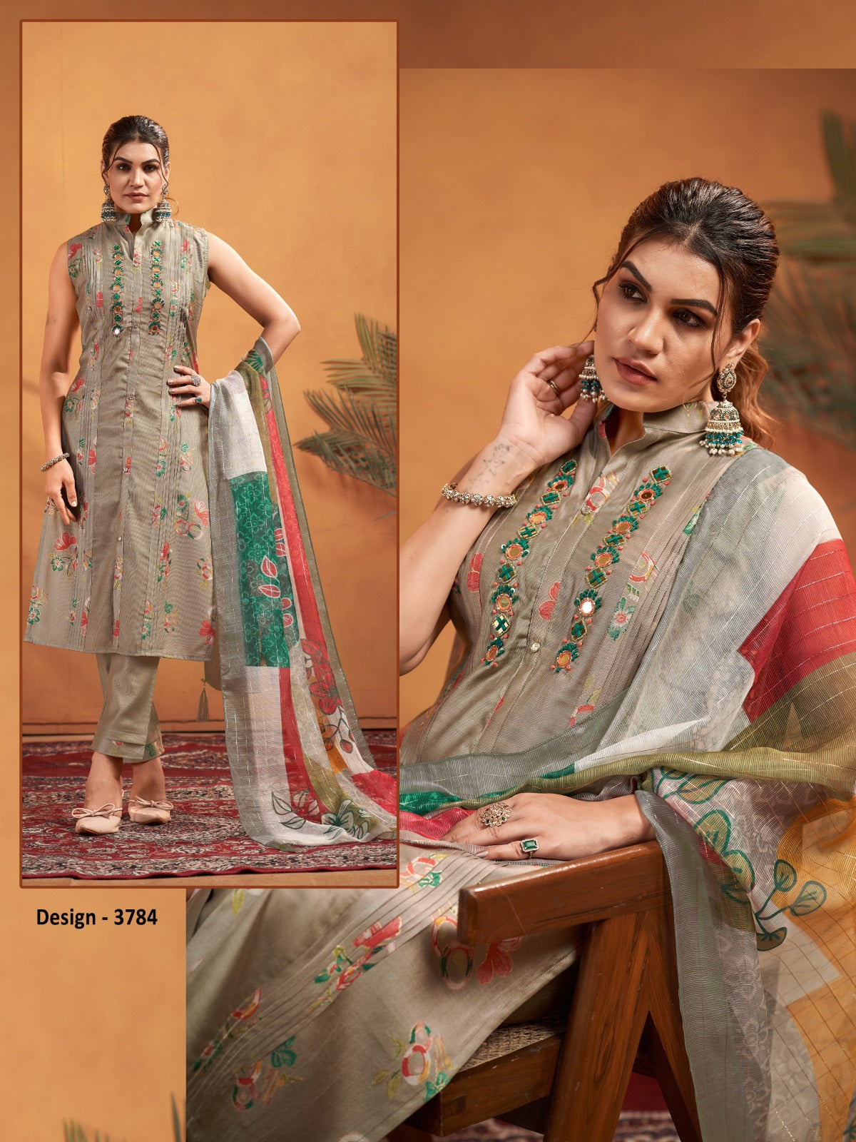 Vaynika Ash grey Floral Printed Embroidered Kurti Set