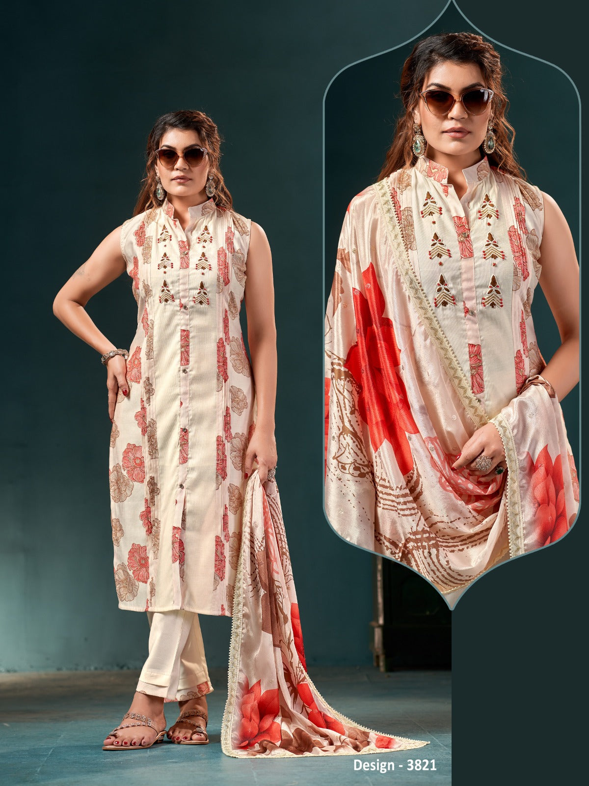 Vaynika Ivory Coral Floral Printed Embroidered Kurti Pant Dupatta Set