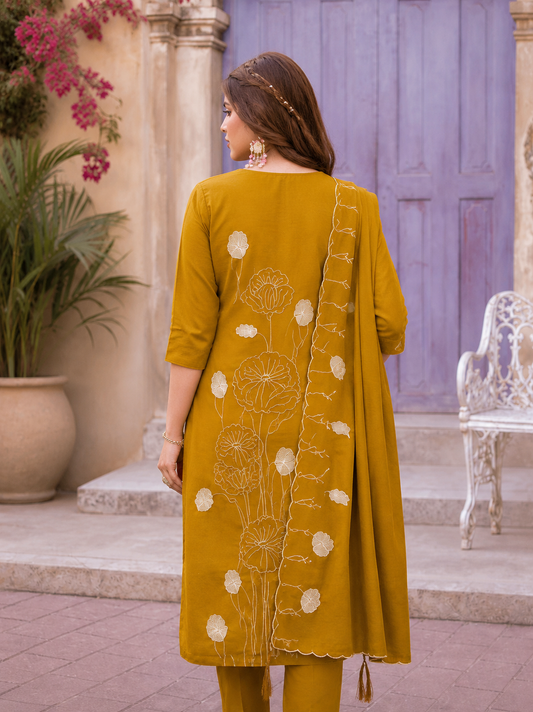 Vaynika Mustard Single Line Floral Print 3 piece Set
