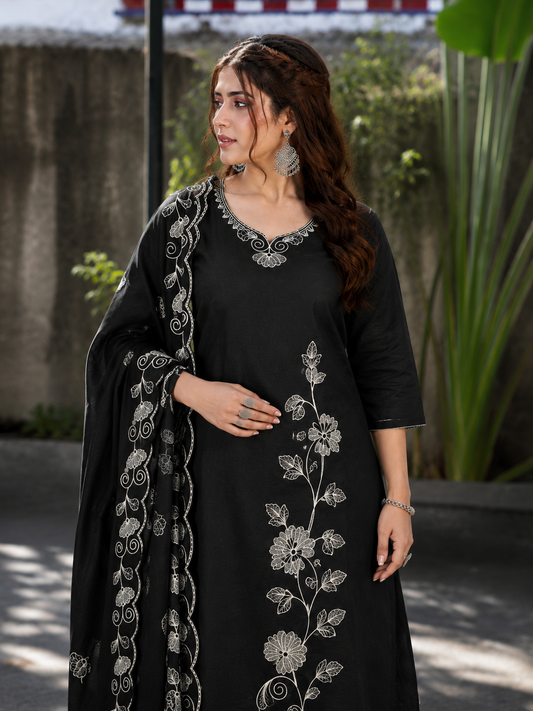 Vaynika Black Botanical Embroidery 3 piece Set
