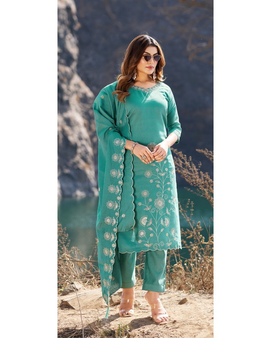 Vaynika Sea Green Embroidery Kurti Set