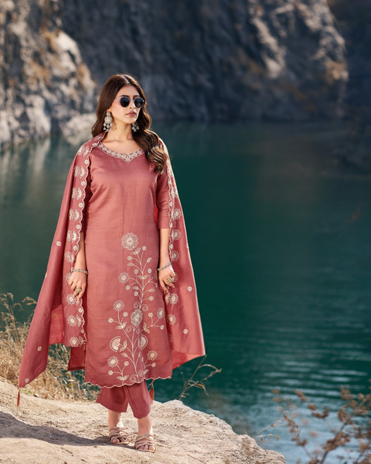 Vaynika Dusty Rose Embroidery Kurti Set