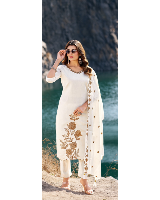Vaynika Off White Threadwork Floral Print 3piece