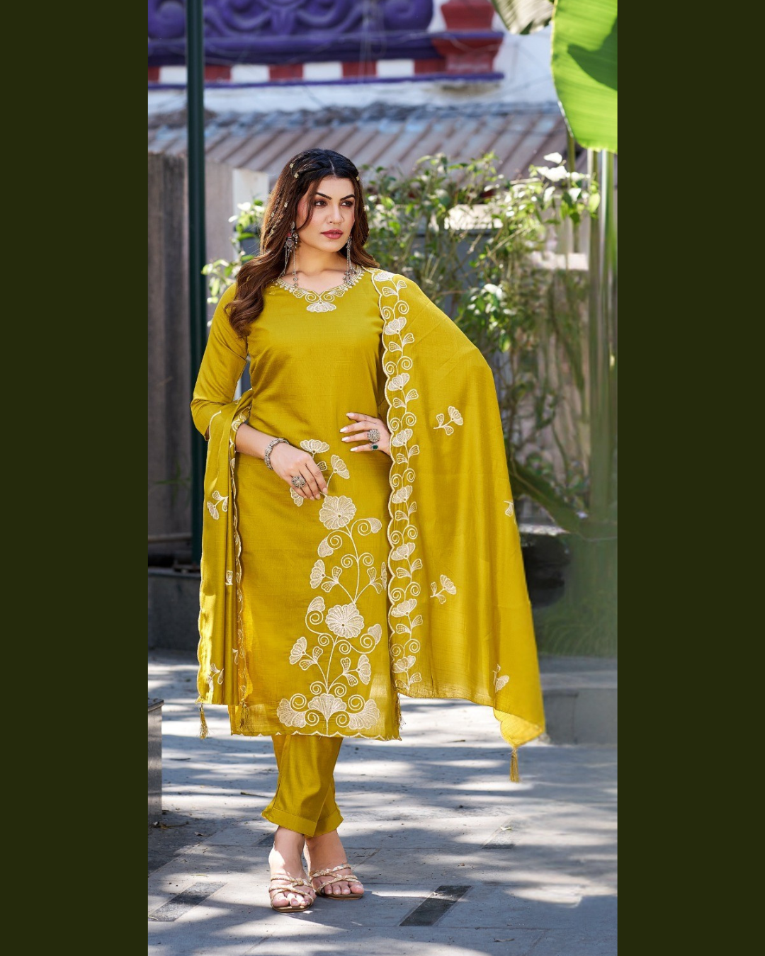Vaynika Mustard Botanical Embroidery 3 piece Set