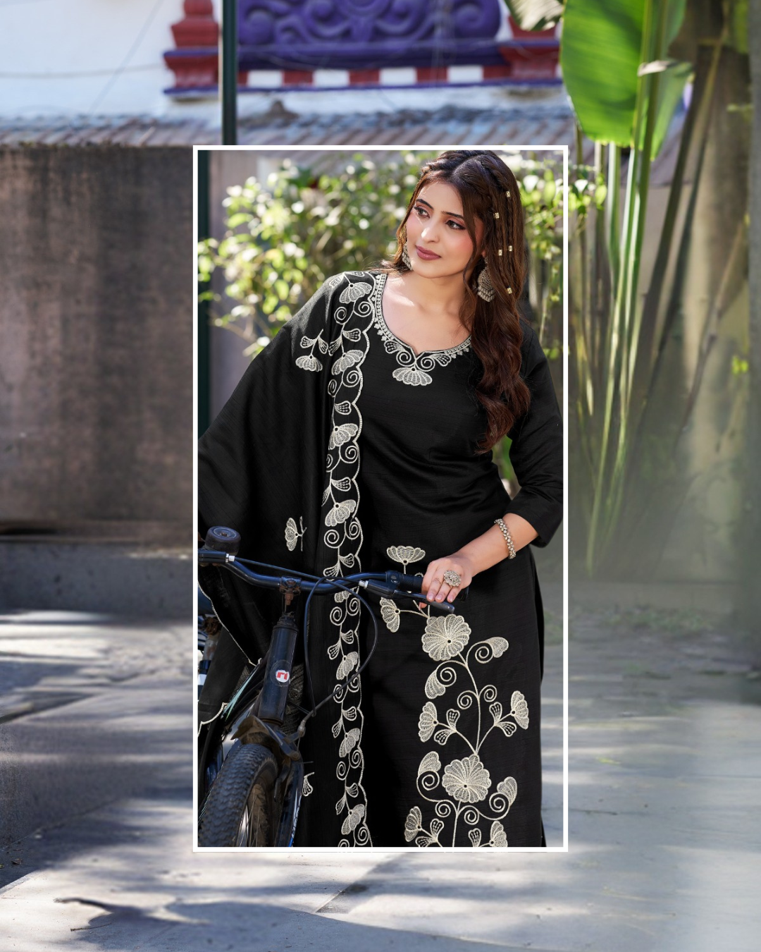 Vaynika Black Botanical Embroidery 3 piece Set