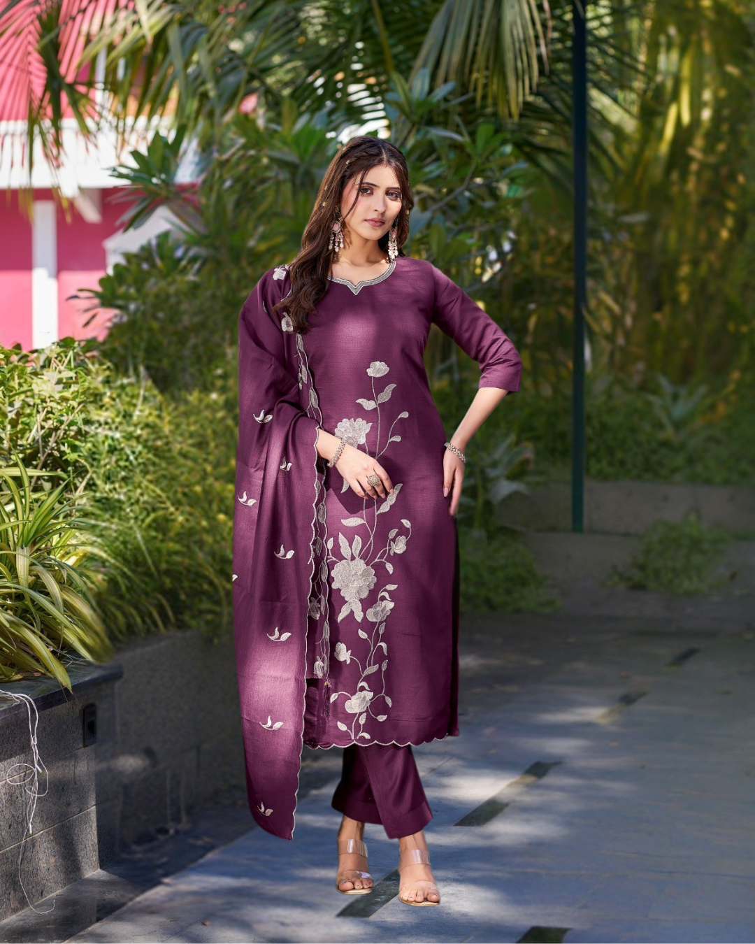 Vaynika Wine Floral Printed 3 piece Set