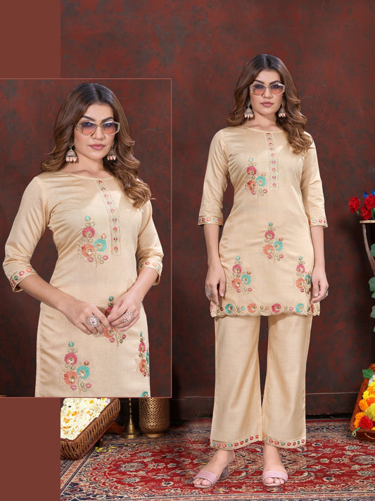 Golden Beige Embroidered Two Piece Set