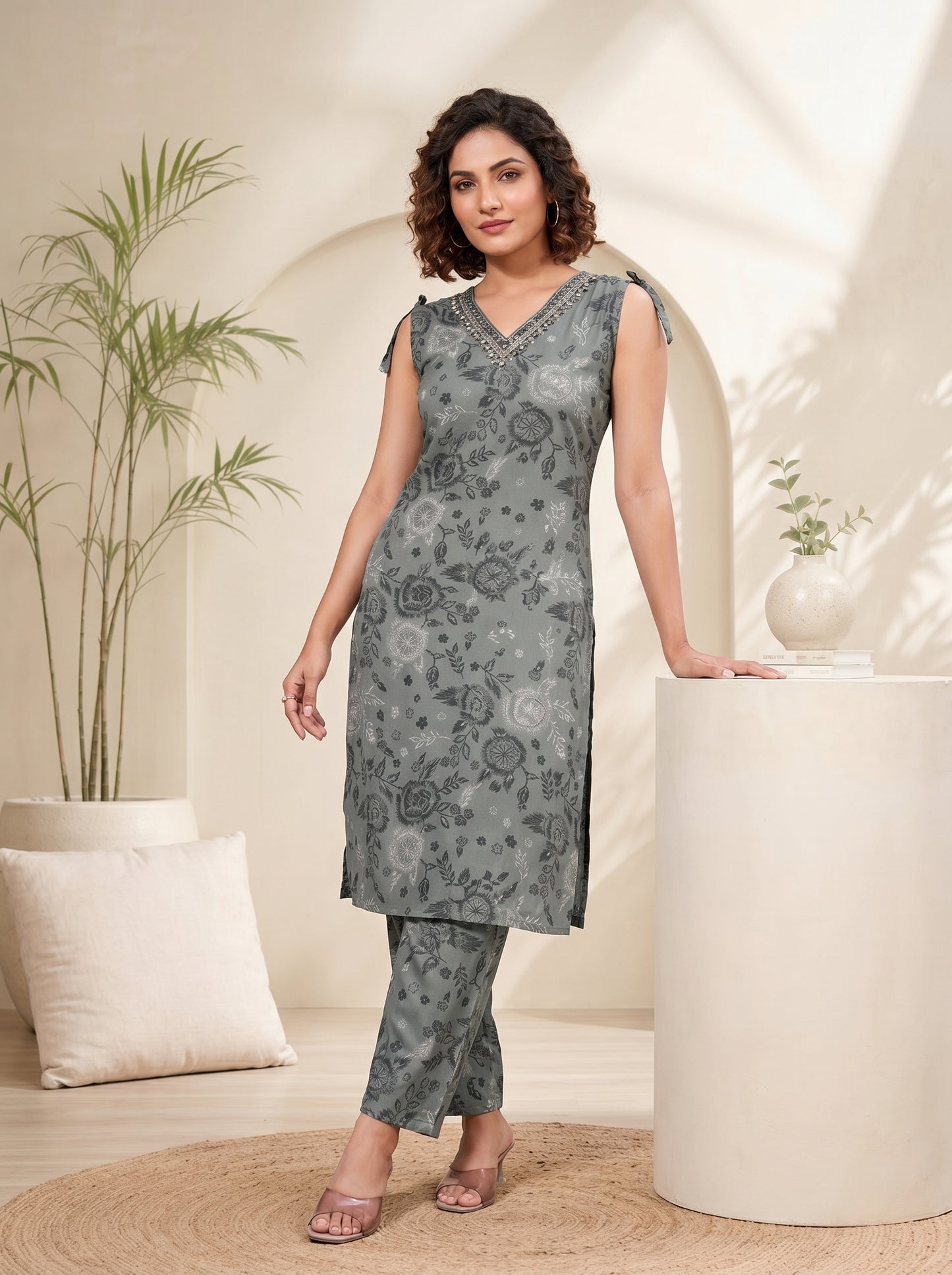 Vaynika Ash Grey Floral Printed Co-ord Set For Women