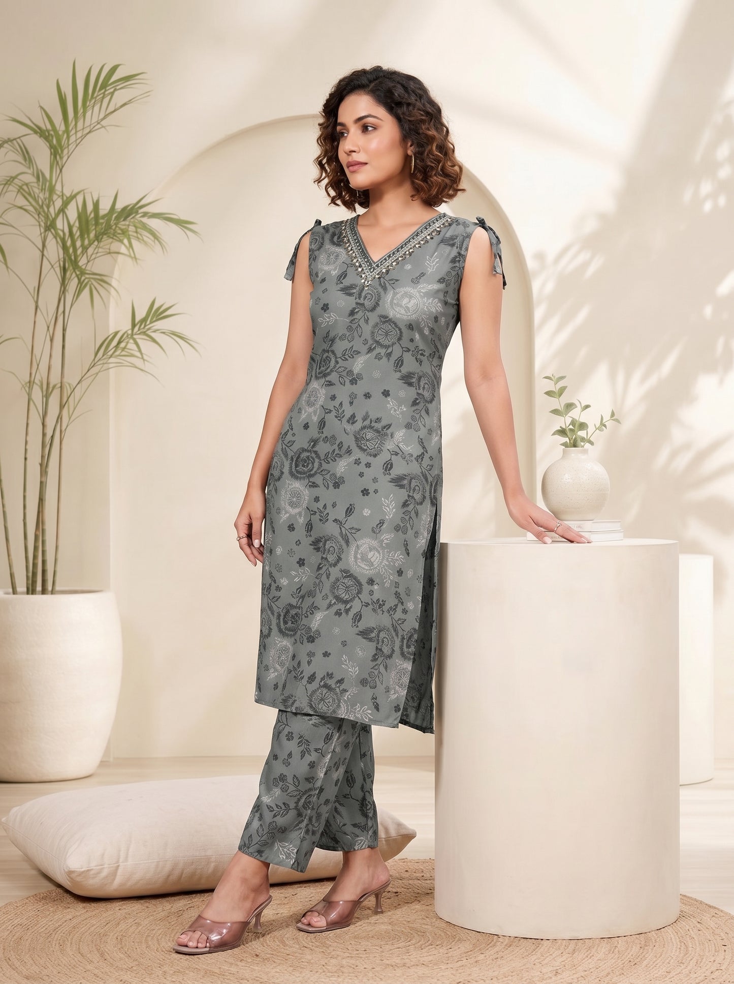 Vaynika Ash Grey Floral Printed Co-ord Set For Women