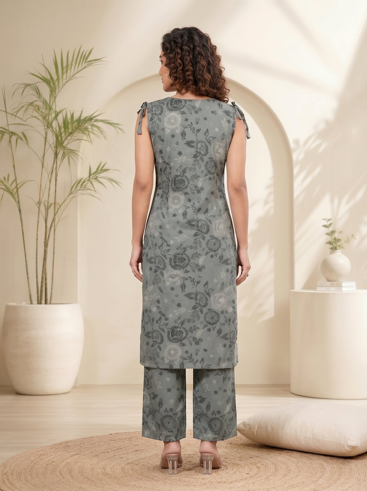 Vaynika Ash Grey Floral Printed Co-ord Set For Women