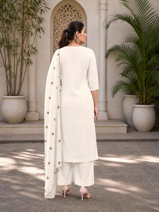 Vaynika Off White Ethnic Floral Embroidered  3piece Suit